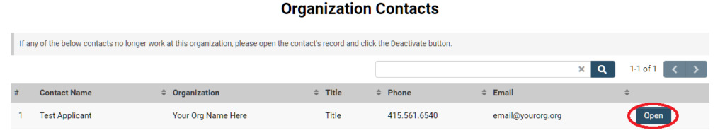 View of Organization Contacts